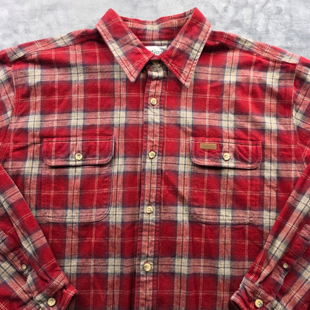 Carhartt Flannel Shirt 2XL Red Mens Relaxed Fit Cotton Plaid Workwear Button Up - Picture 2 of 10